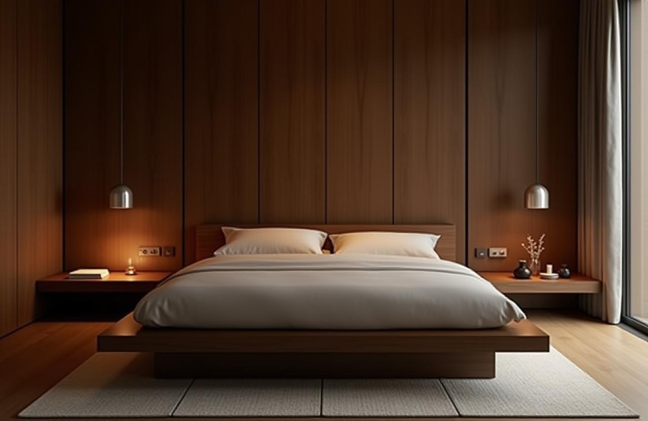 Cama baja de diseño japonés en madera oscura, con cabecero integrado y mesitas de noche flotantes, creando un ambiente sereno.