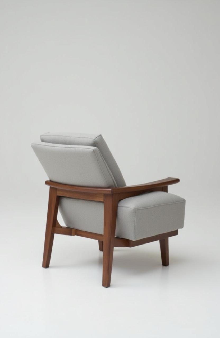 Silla de diseño moderno fabricada en madera de nogal, con líneas suaves y tapicería gris pálido.