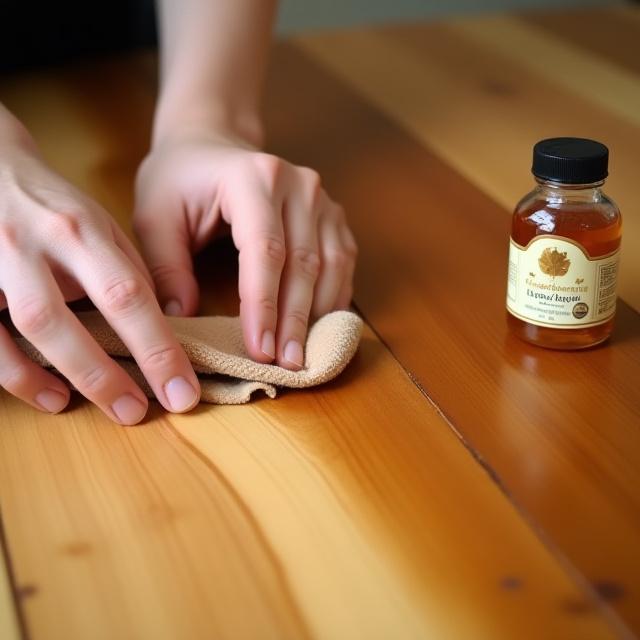 Manos aplicando aceite natural a una superficie de madera lisa con un paño, realzando el color y la veta.