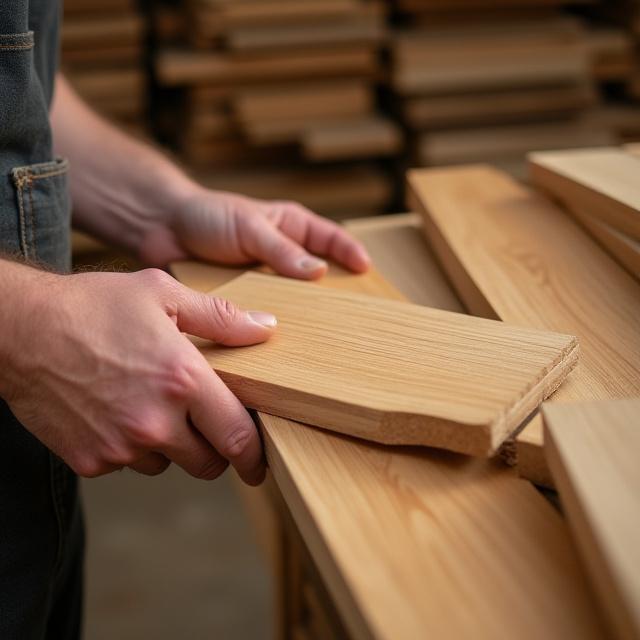 Mano de un artesano seleccionando cuidadosamente tablones de madera de roble, observando su textura y veta.